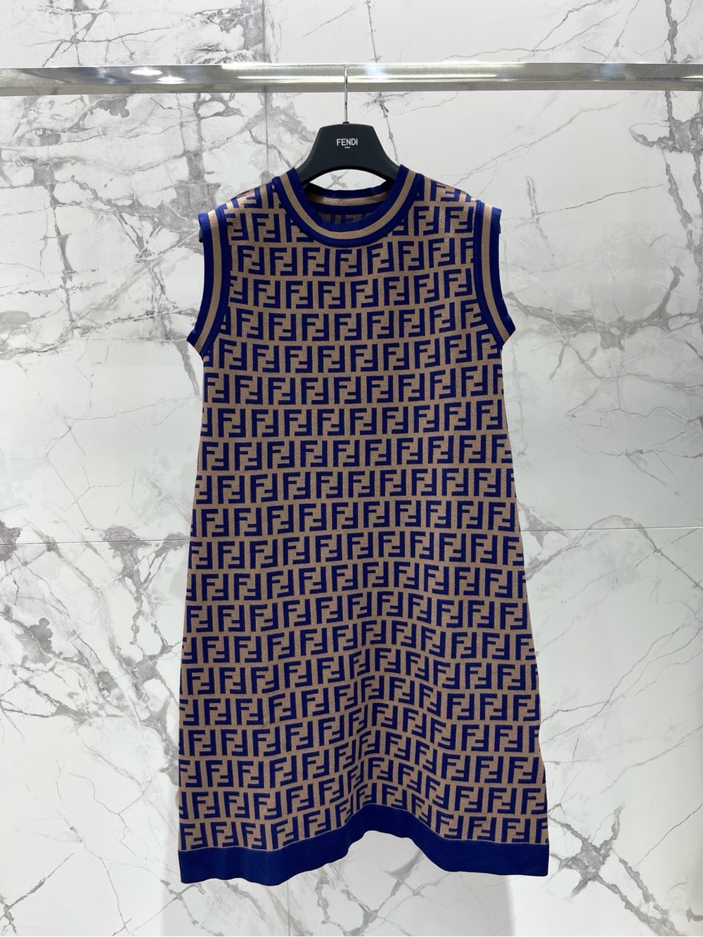 Fendi Blue and Beige Logo Knit Midi Dress